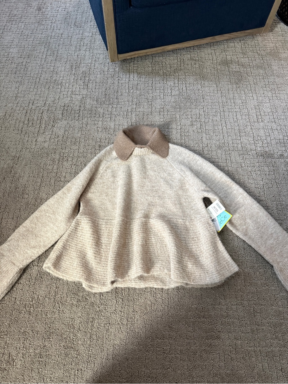 CeCe Cream Peplum Sweater with Tan Collar